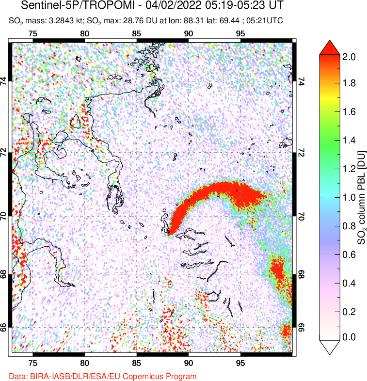 A sulfur dioxide image over Norilsk, Russian Federation on Apr 02, 2022.