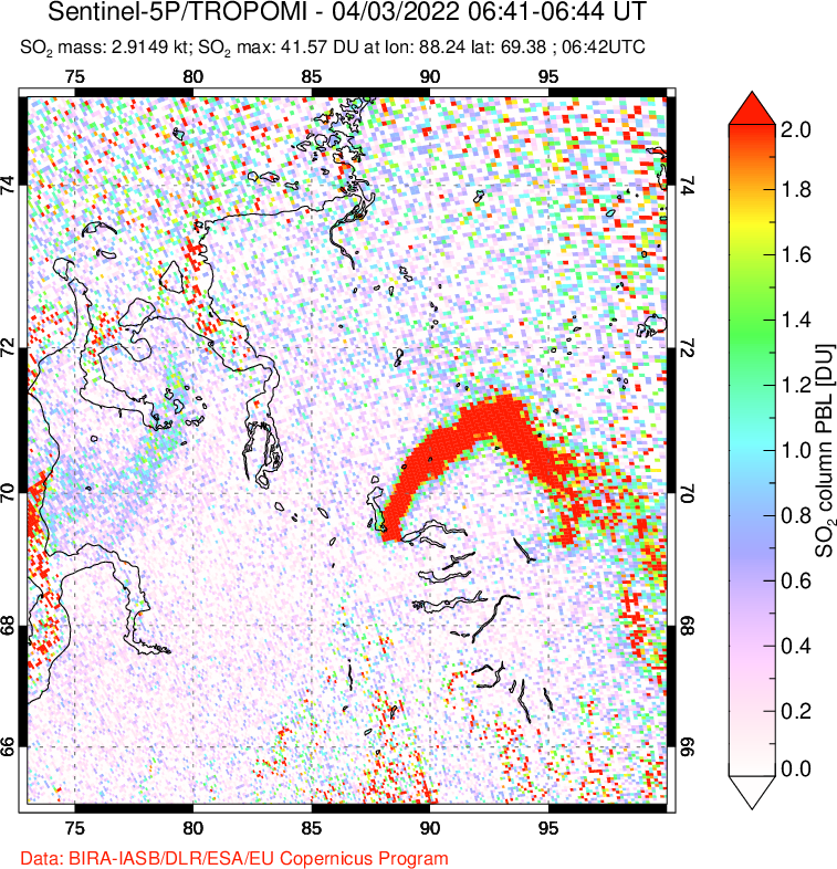 A sulfur dioxide image over Norilsk, Russian Federation on Apr 03, 2022.