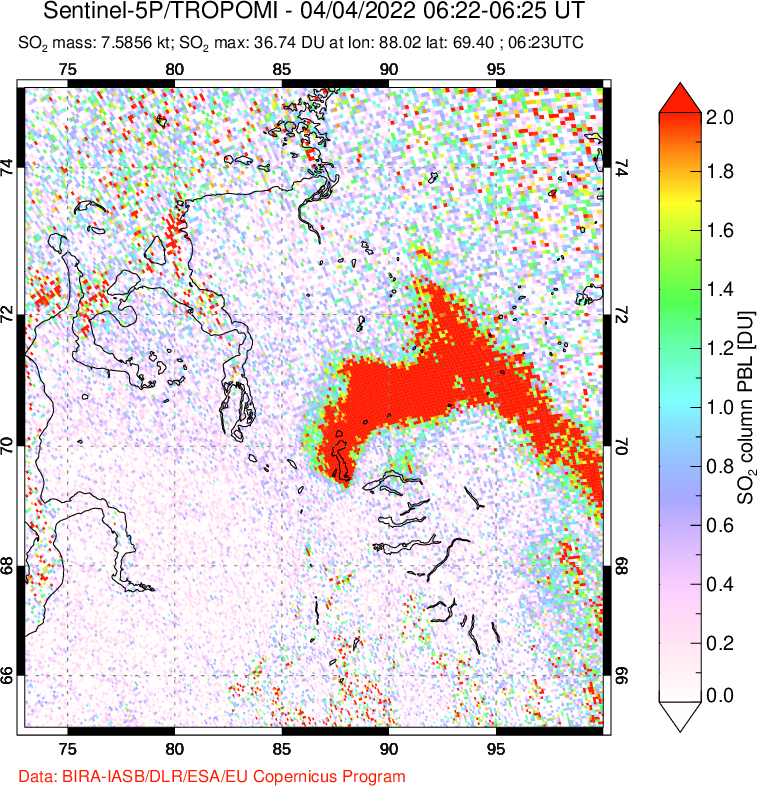 A sulfur dioxide image over Norilsk, Russian Federation on Apr 04, 2022.