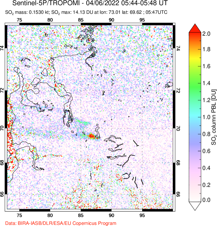 A sulfur dioxide image over Norilsk, Russian Federation on Apr 06, 2022.