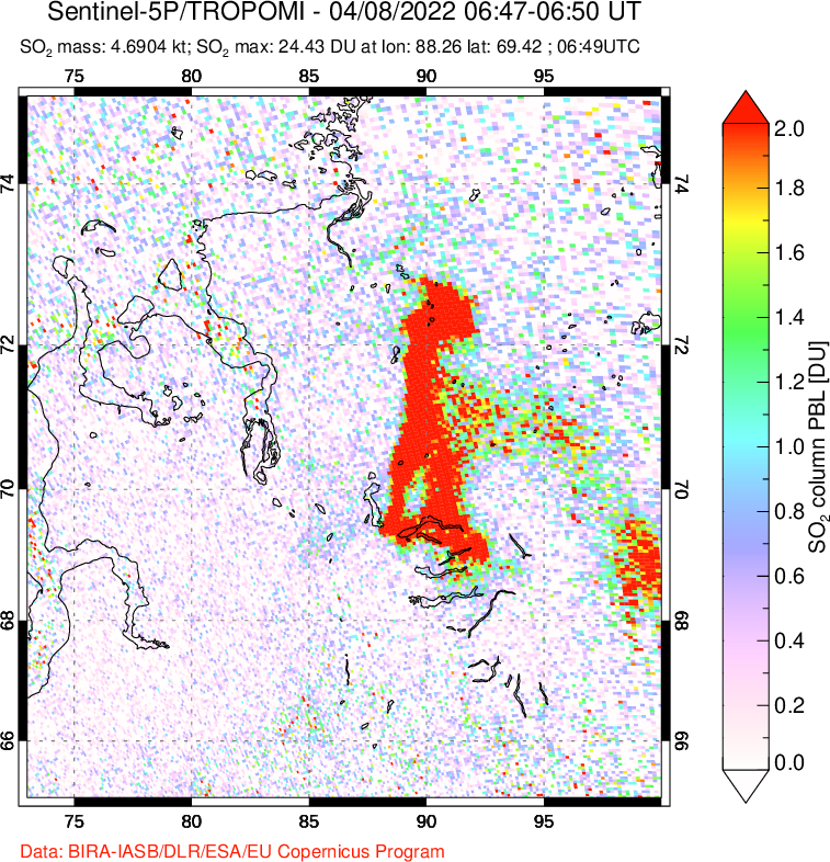 A sulfur dioxide image over Norilsk, Russian Federation on Apr 08, 2022.