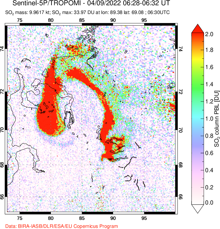 A sulfur dioxide image over Norilsk, Russian Federation on Apr 09, 2022.