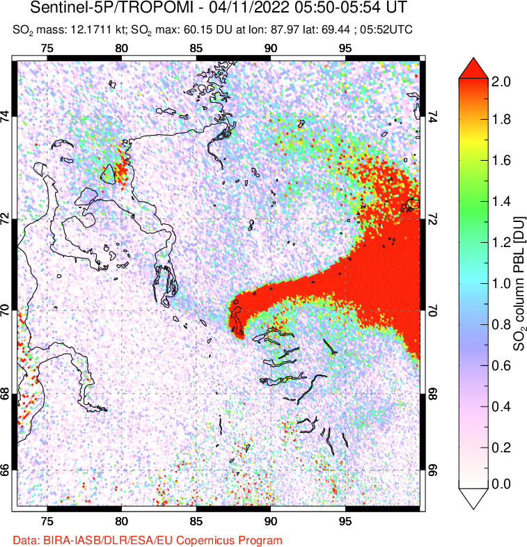 A sulfur dioxide image over Norilsk, Russian Federation on Apr 11, 2022.