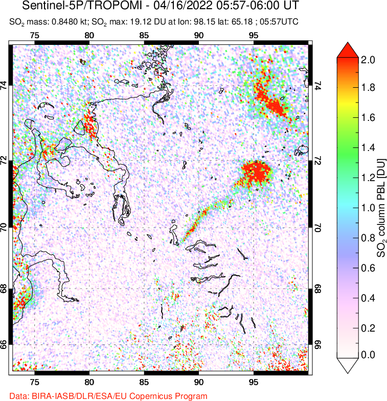 A sulfur dioxide image over Norilsk, Russian Federation on Apr 16, 2022.
