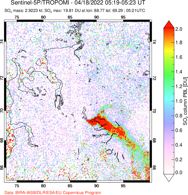 A sulfur dioxide image over Norilsk, Russian Federation on Apr 18, 2022.