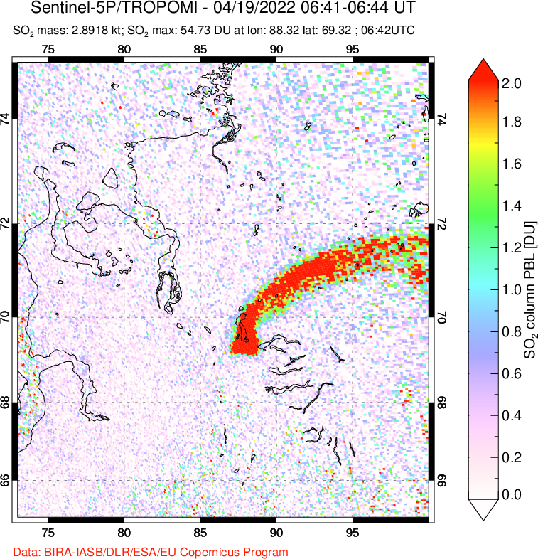 A sulfur dioxide image over Norilsk, Russian Federation on Apr 19, 2022.