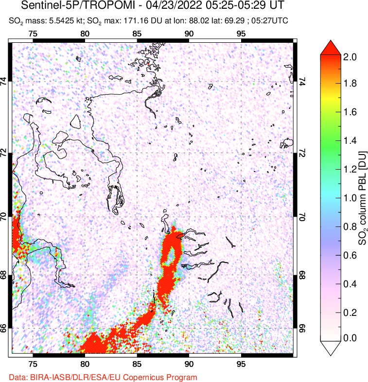A sulfur dioxide image over Norilsk, Russian Federation on Apr 23, 2022.