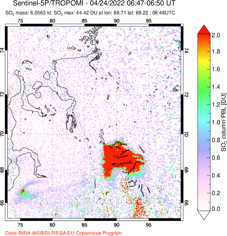 A sulfur dioxide image over Norilsk, Russian Federation on Apr 24, 2022.