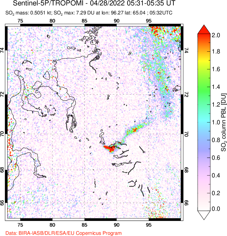 A sulfur dioxide image over Norilsk, Russian Federation on Apr 28, 2022.