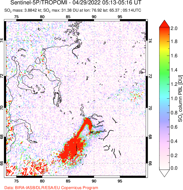 A sulfur dioxide image over Norilsk, Russian Federation on Apr 29, 2022.