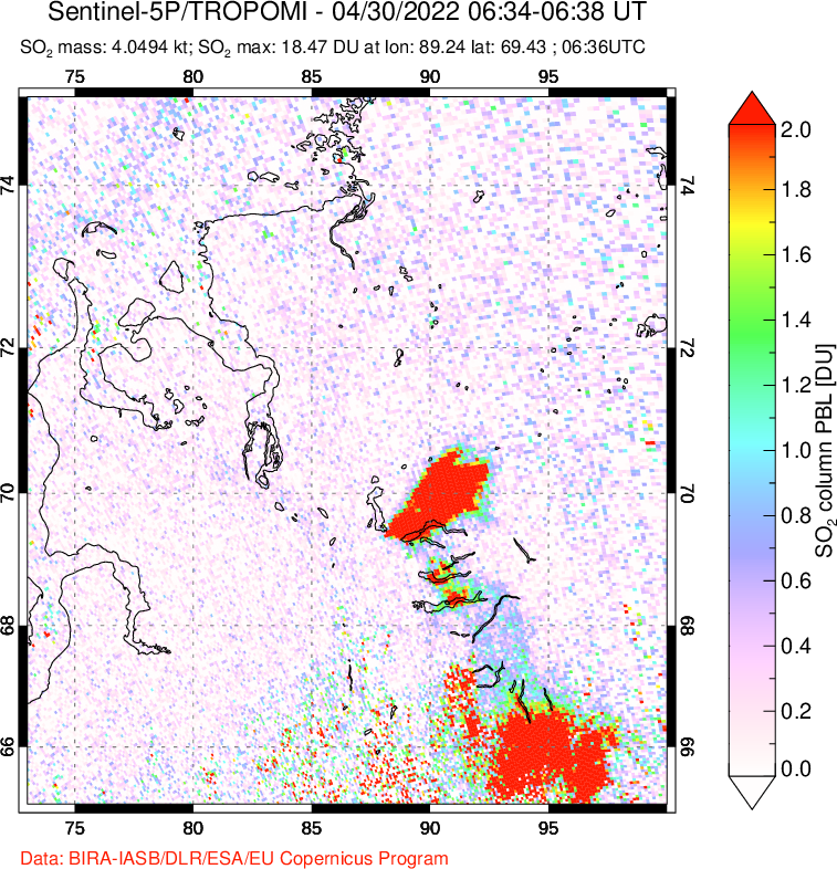 A sulfur dioxide image over Norilsk, Russian Federation on Apr 30, 2022.