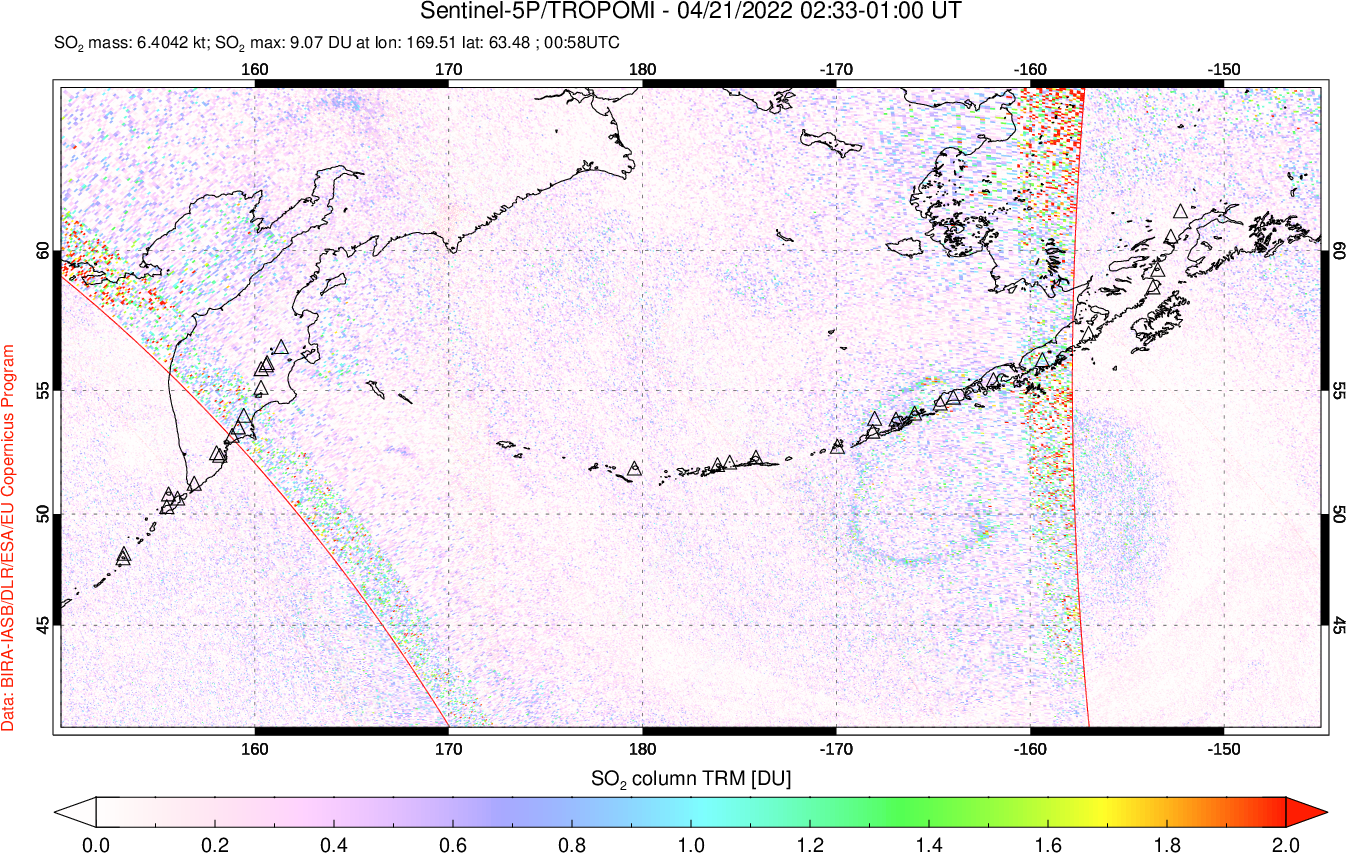 A sulfur dioxide image over North Pacific on Apr 21, 2022.