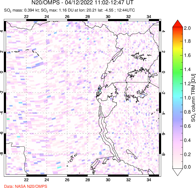 A sulfur dioxide image over Nyiragongo, DR Congo on Apr 12, 2022.