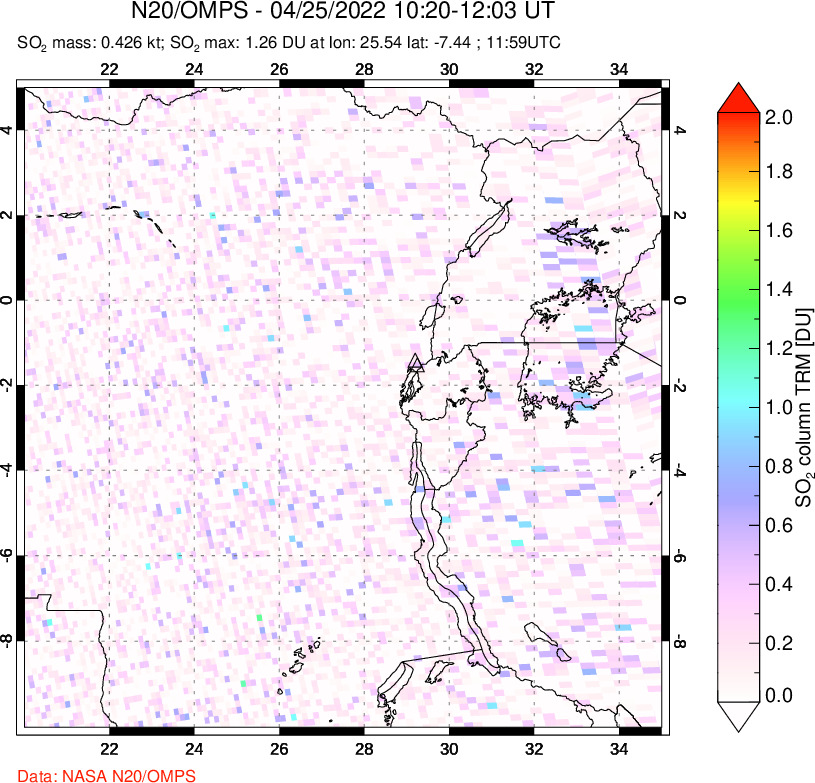 A sulfur dioxide image over Nyiragongo, DR Congo on Apr 25, 2022.