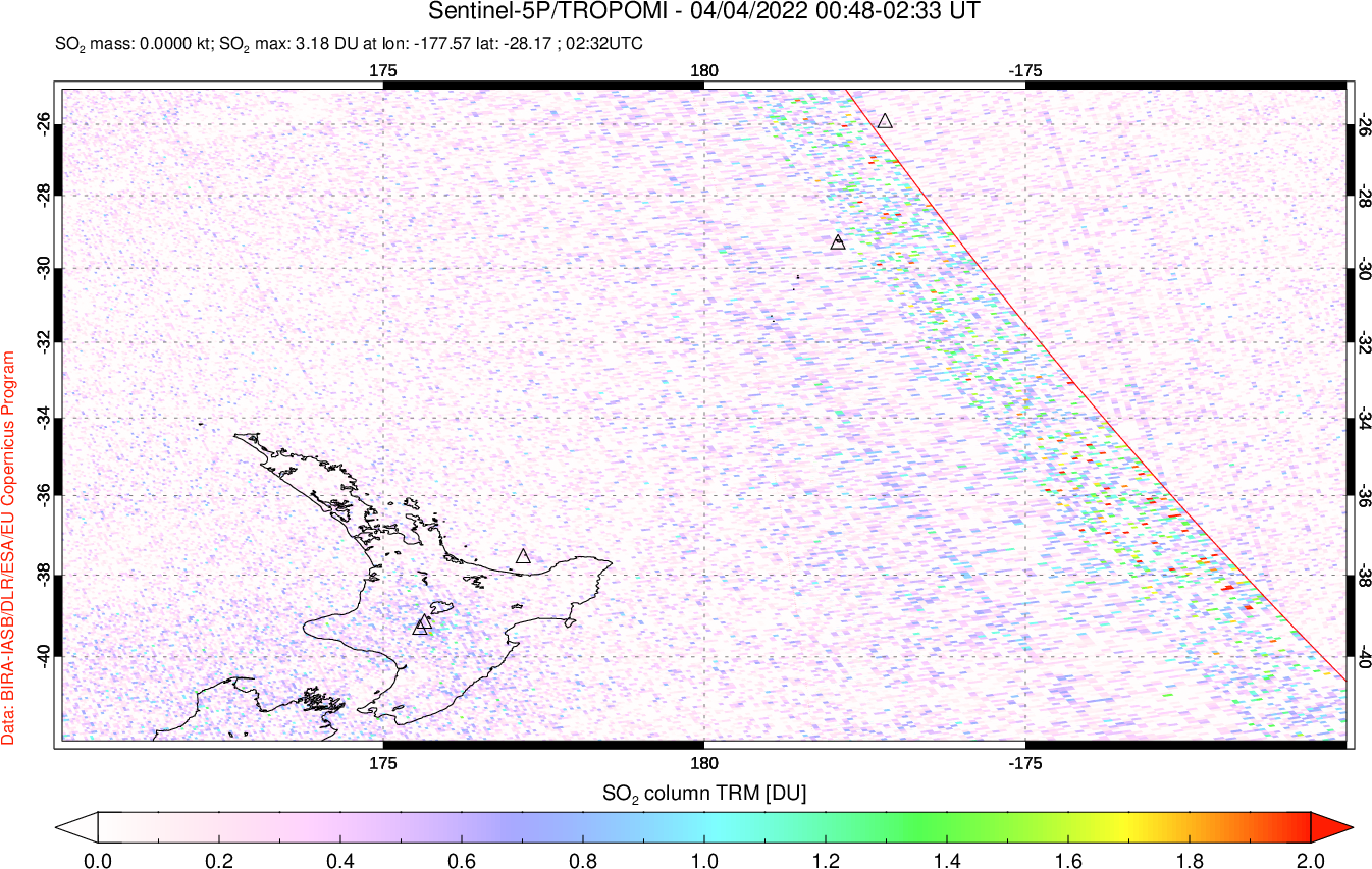 A sulfur dioxide image over New Zealand on Apr 04, 2022.