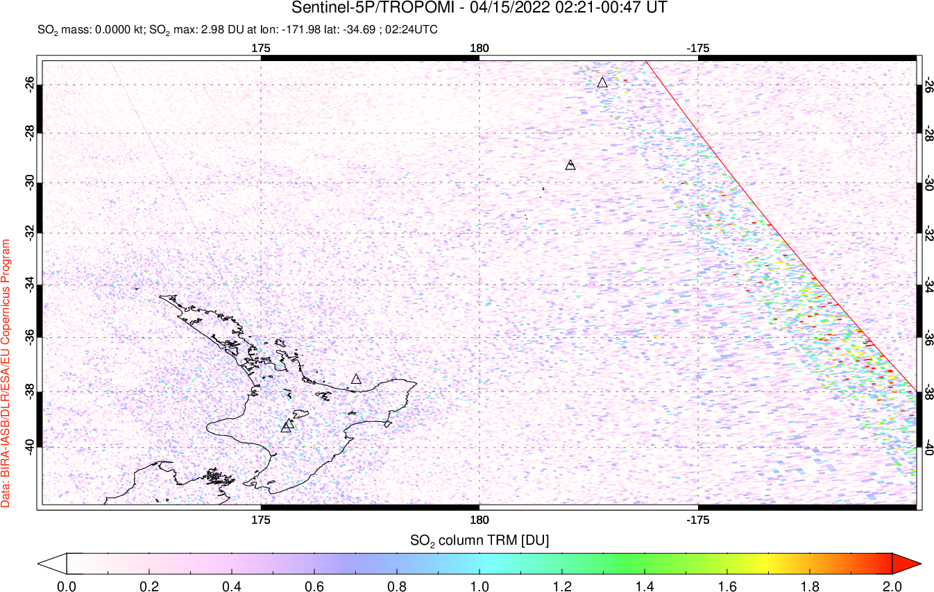 A sulfur dioxide image over New Zealand on Apr 15, 2022.
