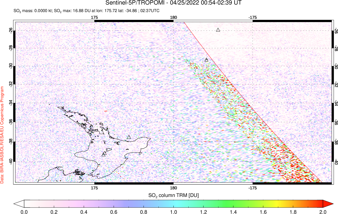 A sulfur dioxide image over New Zealand on Apr 25, 2022.