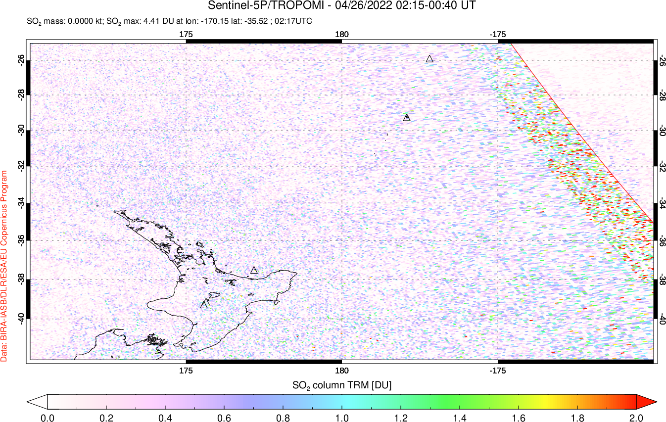 A sulfur dioxide image over New Zealand on Apr 26, 2022.