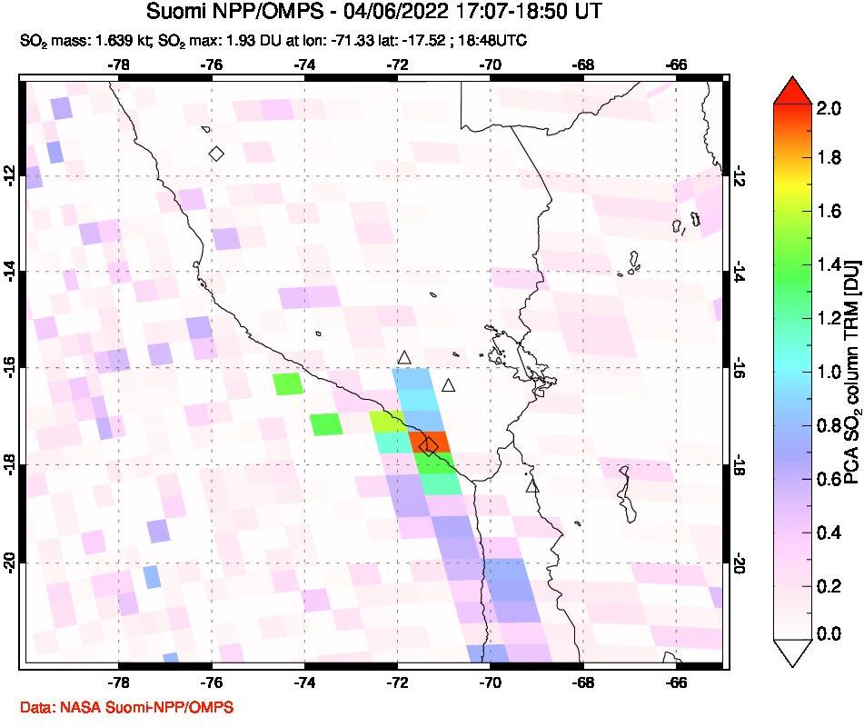 A sulfur dioxide image over Peru on Apr 06, 2022.