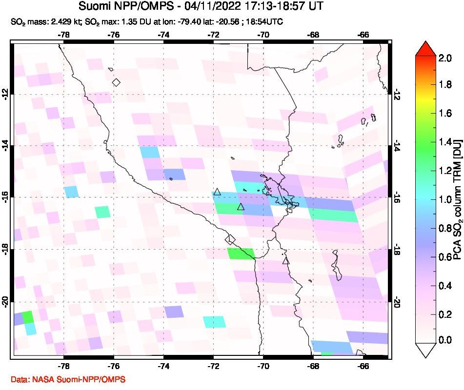 A sulfur dioxide image over Peru on Apr 11, 2022.
