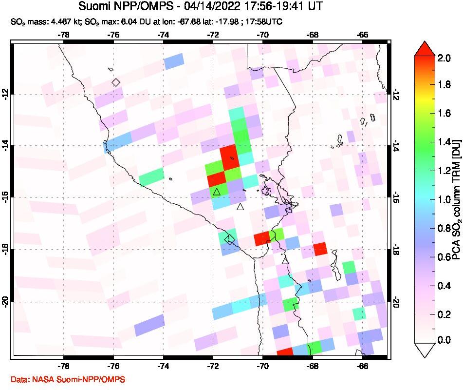A sulfur dioxide image over Peru on Apr 14, 2022.