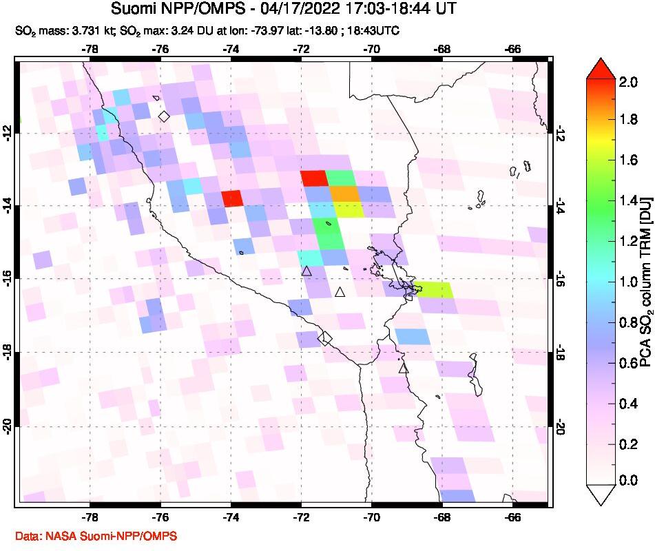 A sulfur dioxide image over Peru on Apr 17, 2022.