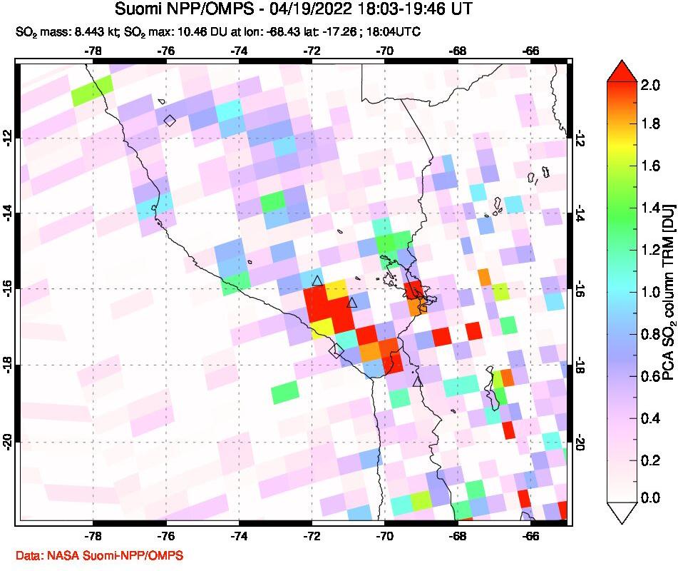 A sulfur dioxide image over Peru on Apr 19, 2022.