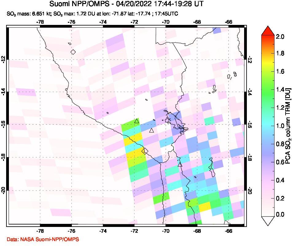 A sulfur dioxide image over Peru on Apr 20, 2022.