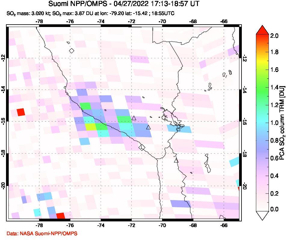 A sulfur dioxide image over Peru on Apr 27, 2022.