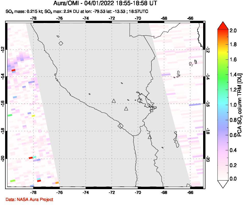 A sulfur dioxide image over Peru on Apr 01, 2022.
