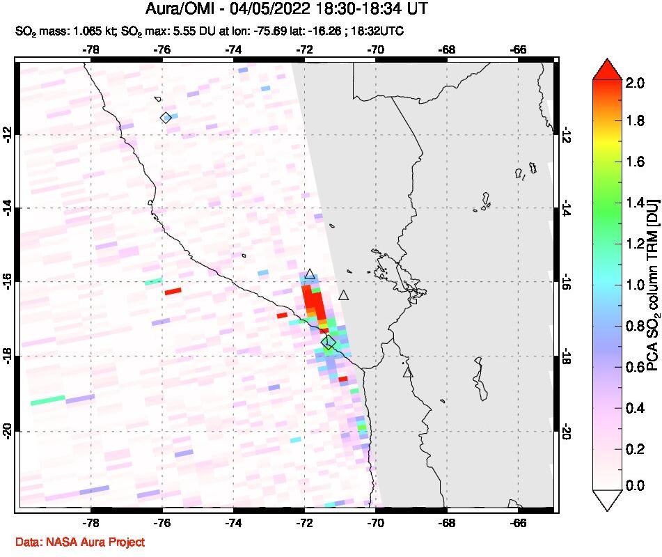 A sulfur dioxide image over Peru on Apr 05, 2022.