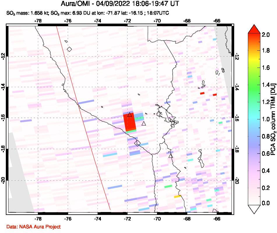 A sulfur dioxide image over Peru on Apr 09, 2022.