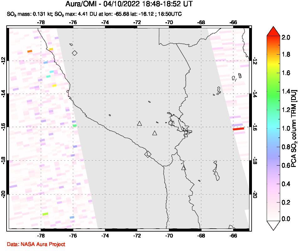 A sulfur dioxide image over Peru on Apr 10, 2022.