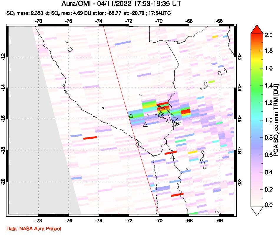 A sulfur dioxide image over Peru on Apr 11, 2022.