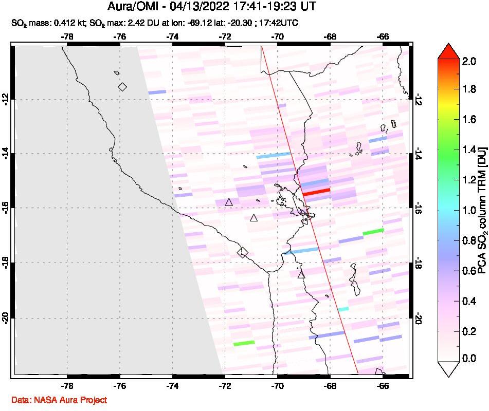 A sulfur dioxide image over Peru on Apr 13, 2022.