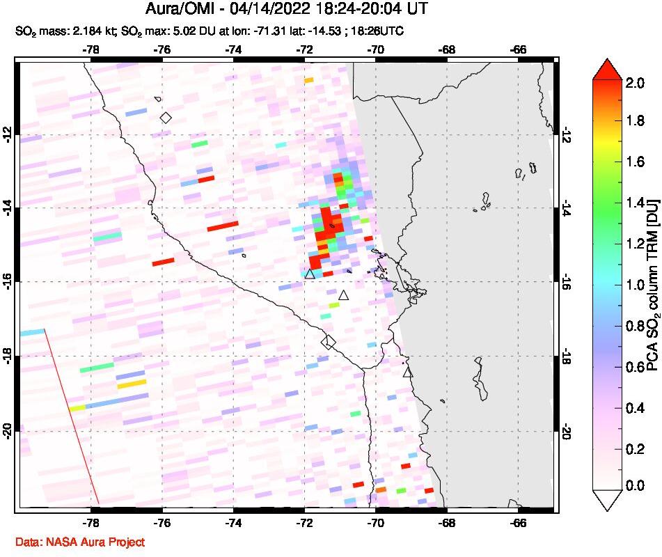 A sulfur dioxide image over Peru on Apr 14, 2022.