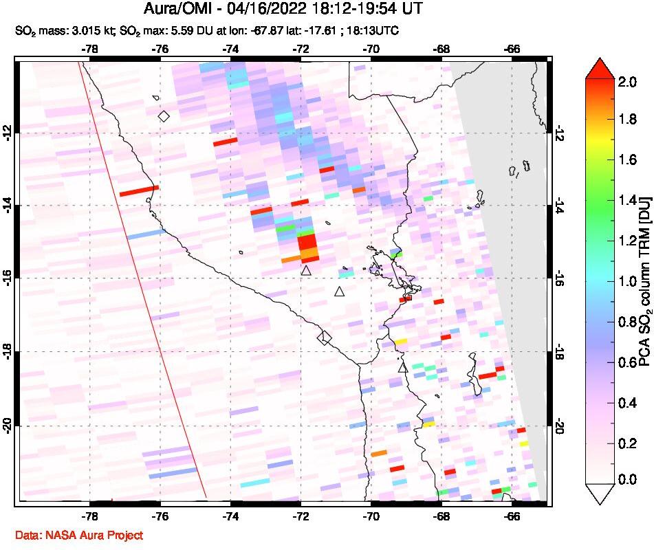 A sulfur dioxide image over Peru on Apr 16, 2022.