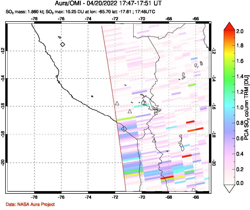 A sulfur dioxide image over Peru on Apr 20, 2022.