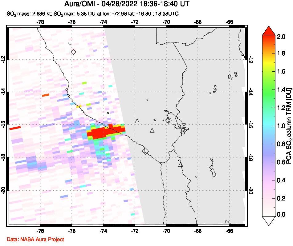 A sulfur dioxide image over Peru on Apr 28, 2022.