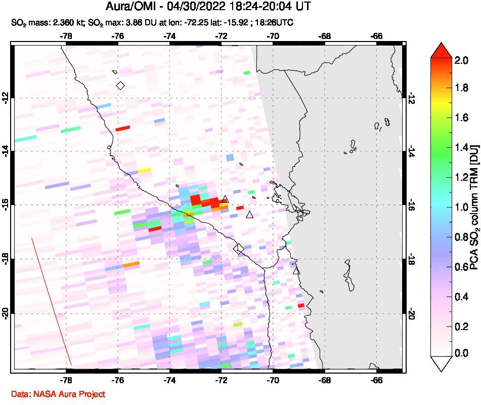 A sulfur dioxide image over Peru on Apr 30, 2022.