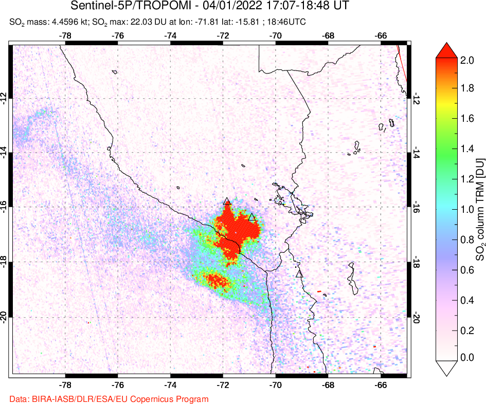 A sulfur dioxide image over Peru on Apr 01, 2022.