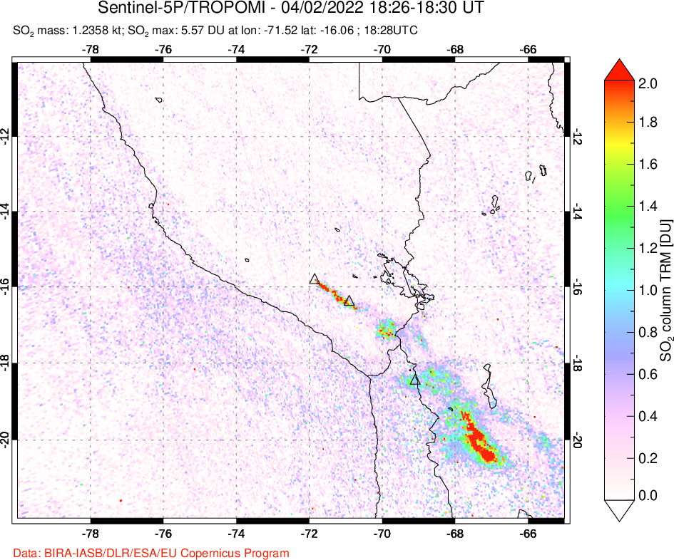 A sulfur dioxide image over Peru on Apr 02, 2022.