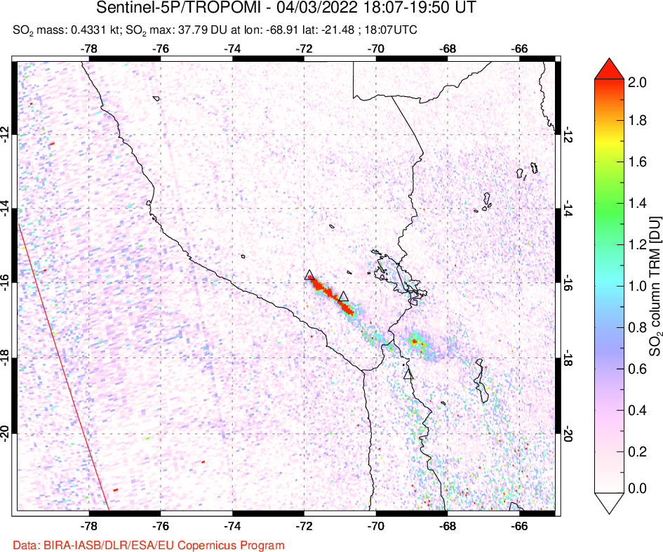 A sulfur dioxide image over Peru on Apr 03, 2022.
