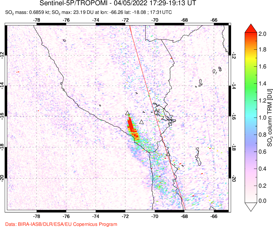 A sulfur dioxide image over Peru on Apr 05, 2022.