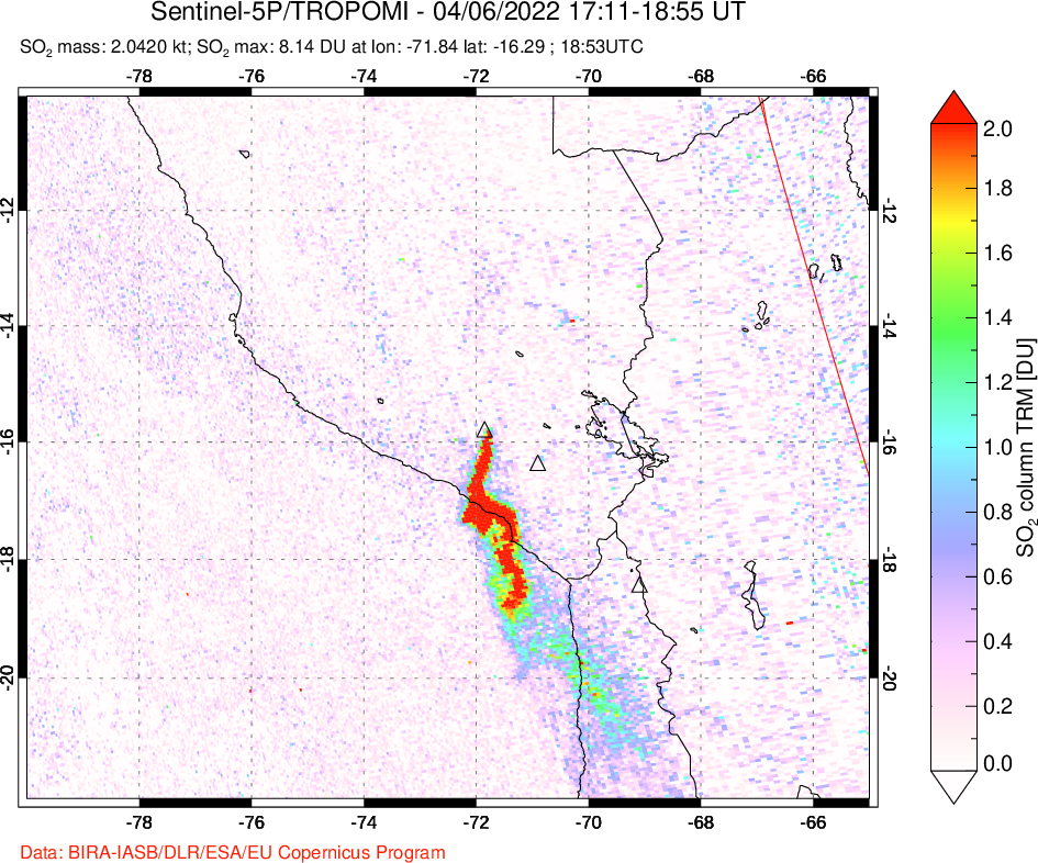 A sulfur dioxide image over Peru on Apr 06, 2022.