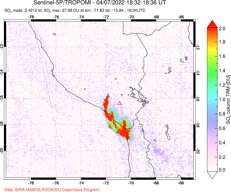 A sulfur dioxide image over Peru on Apr 07, 2022.