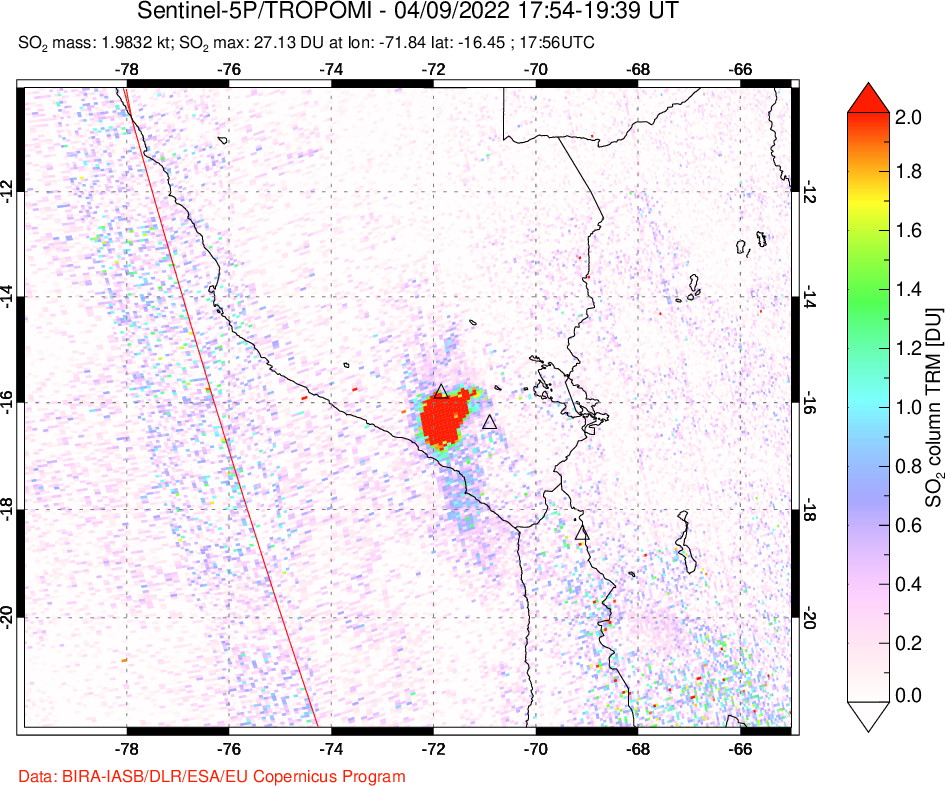A sulfur dioxide image over Peru on Apr 09, 2022.