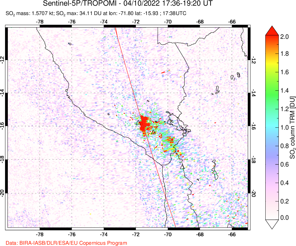 A sulfur dioxide image over Peru on Apr 10, 2022.