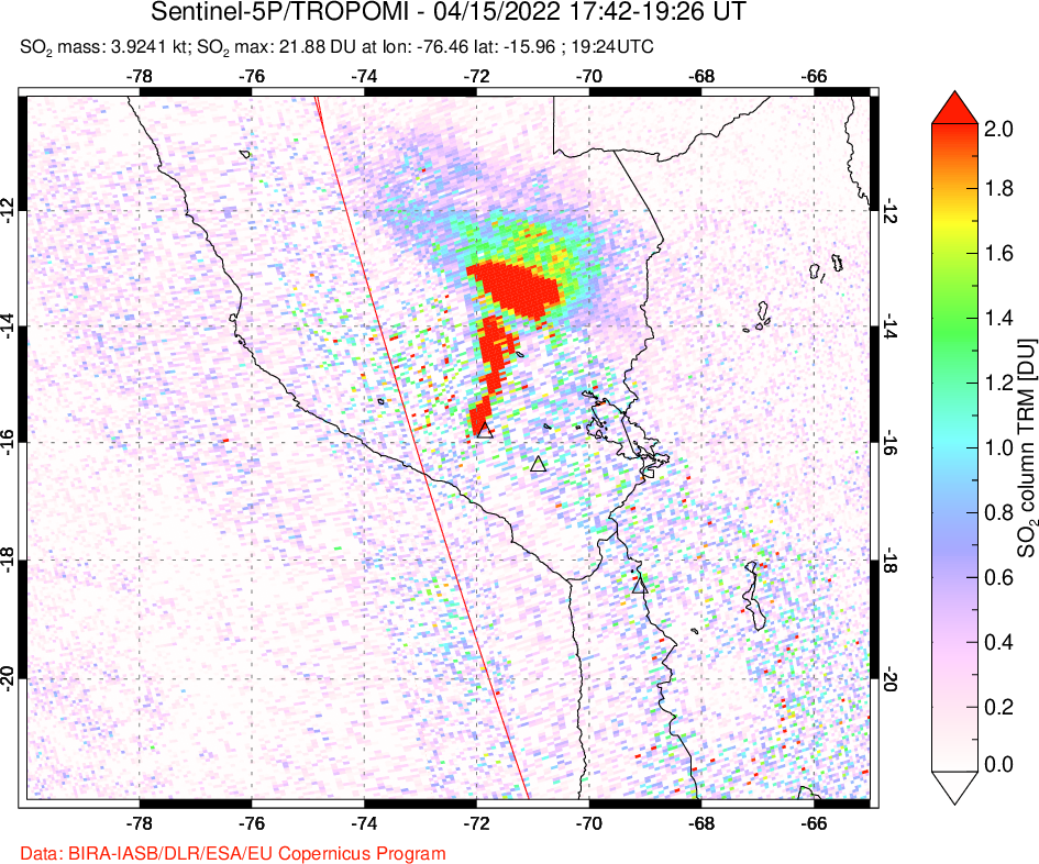 A sulfur dioxide image over Peru on Apr 15, 2022.