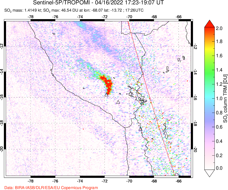 A sulfur dioxide image over Peru on Apr 16, 2022.